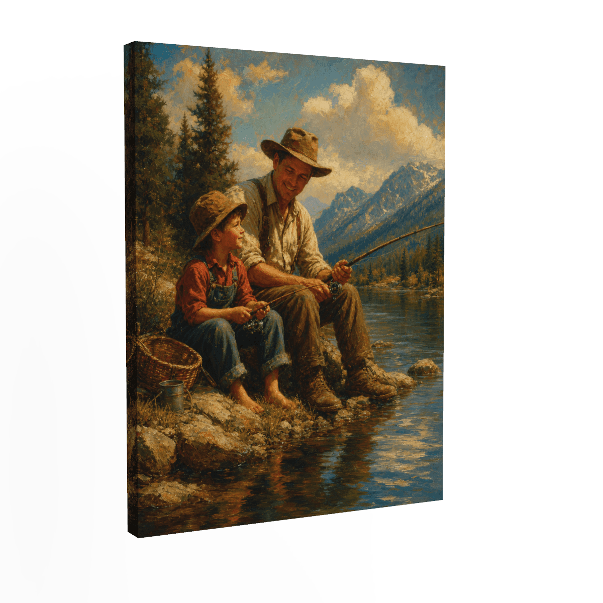 Vintage Father & Son Fishing Scene