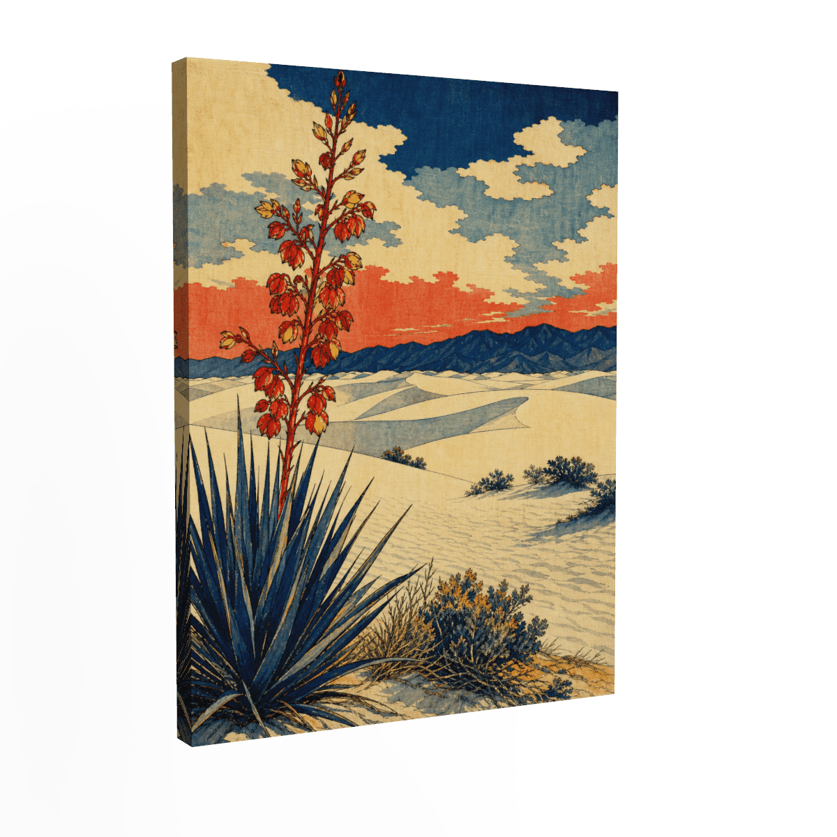 White Sands — Woodblock Yucca Sunset